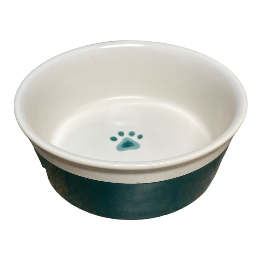 Dog Bowl Ceramic Paw Print Striped Turquoise Blue & White 6 1/2”Food Water